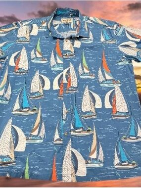 Cooke Street Hawaiian Sailboats Shirt Men's XL Vacation Luau Party Blue Aloha